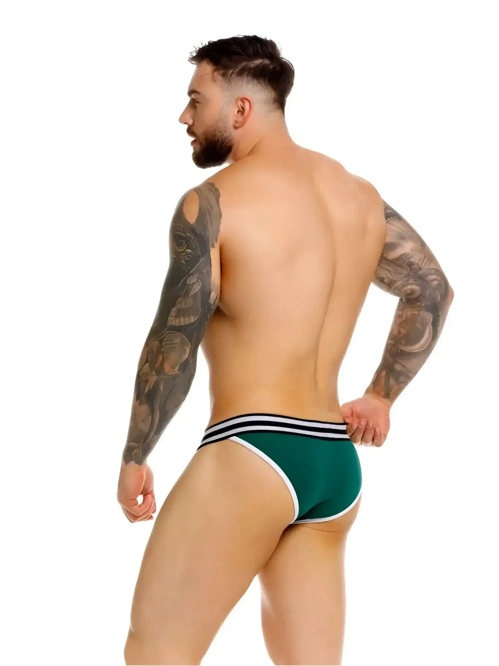 Back view of the green JOR 2362 Rush Bikini on a tattooed model against a white background.