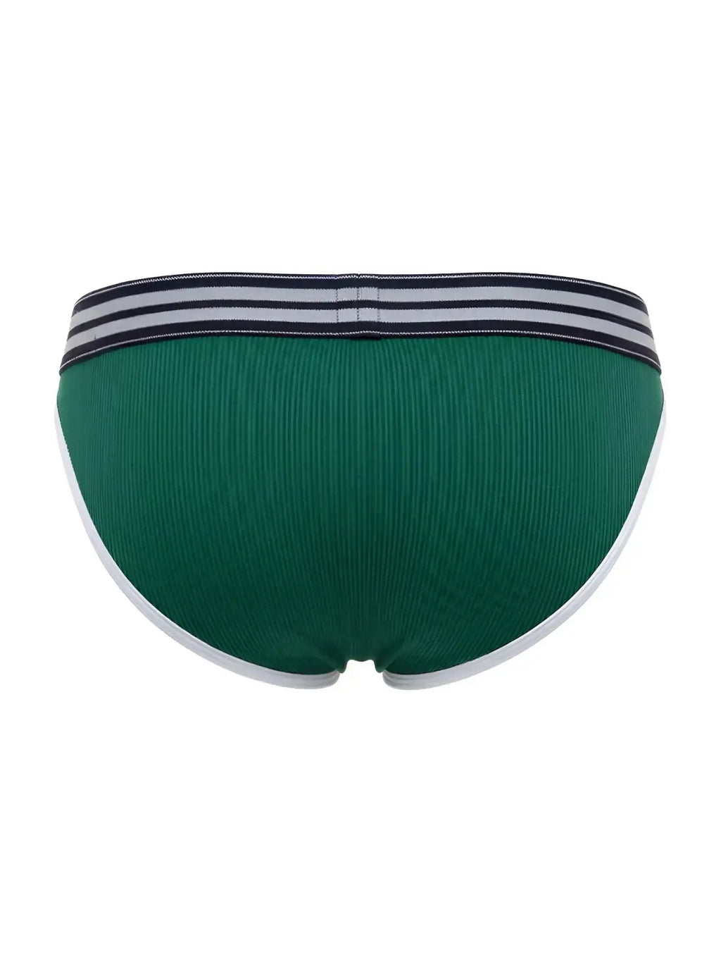 Back view of the green JOR 2362 Rush bikini underwear with ribbed fabric and striped waistband.