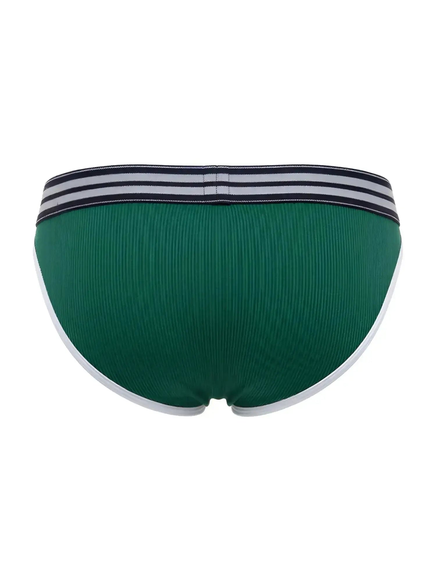 Back view of the green JOR 2362 Rush bikini underwear with ribbed fabric and striped waistband.