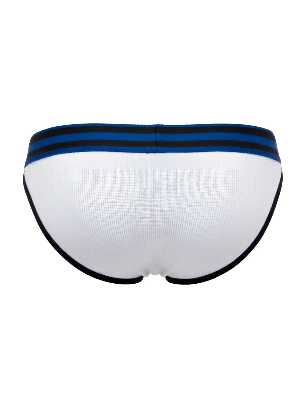 JOR 2362 Rush white bikini, back view of the ribbed underwear featuring a black and blue striped waistband.