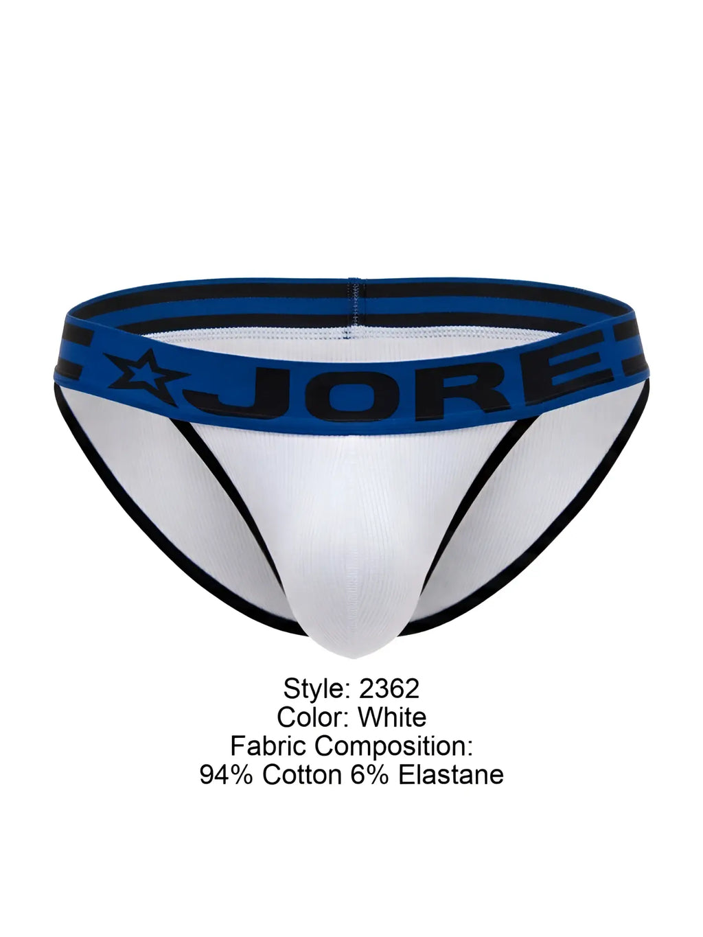 Front view of the white JOR 2362 Rush Bikini with a blue and black branded elastic waistband.