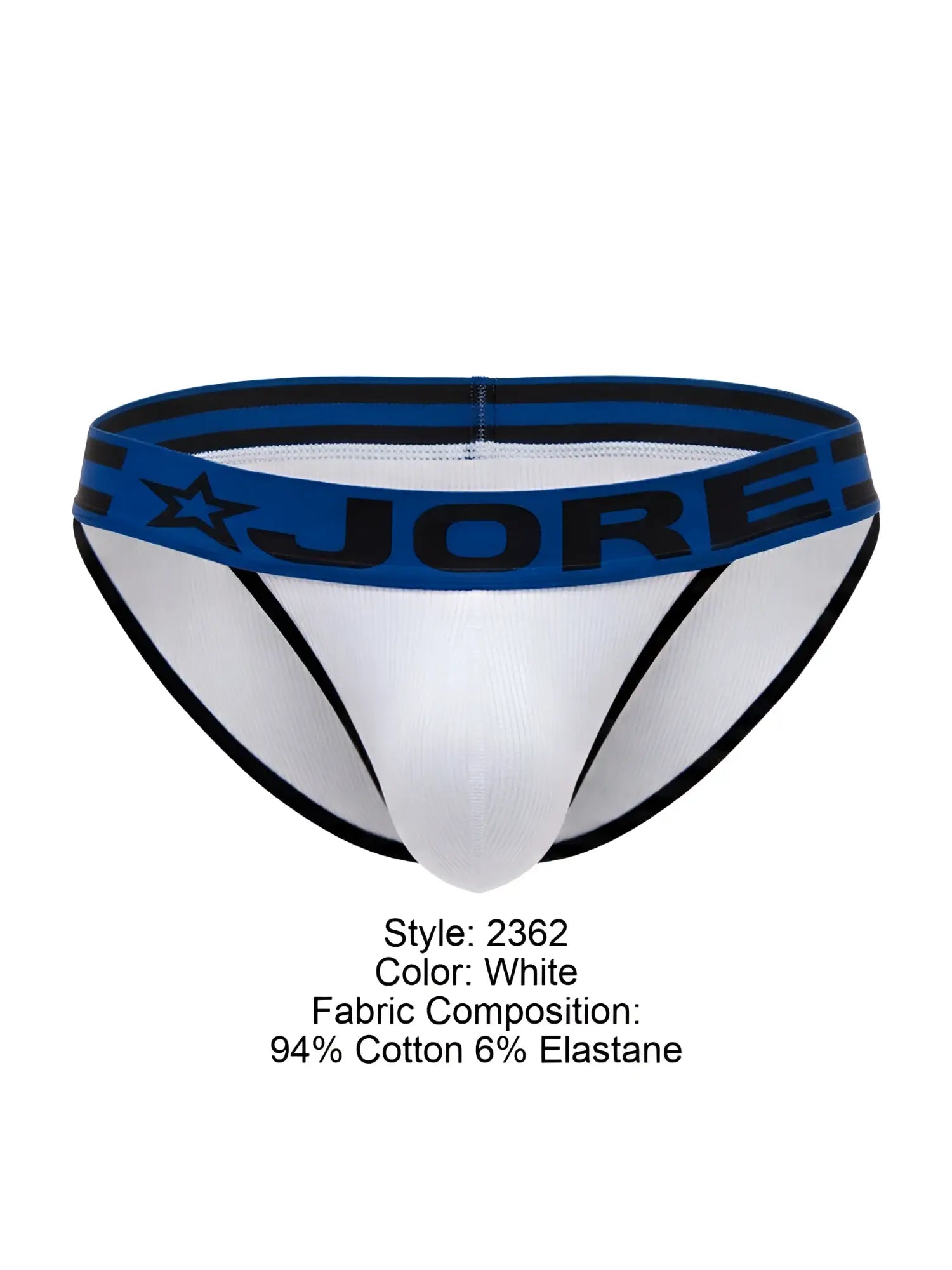 Front view of the white JOR 2362 Rush Bikini with a blue and black branded elastic waistband.