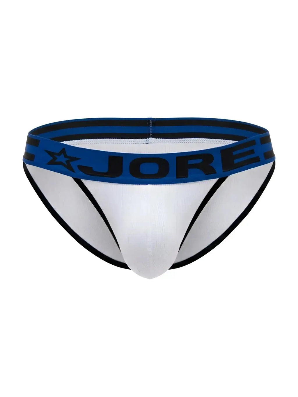Front view of the white JOR 2362 Rush bikini underwear with a blue and black branded waistband.