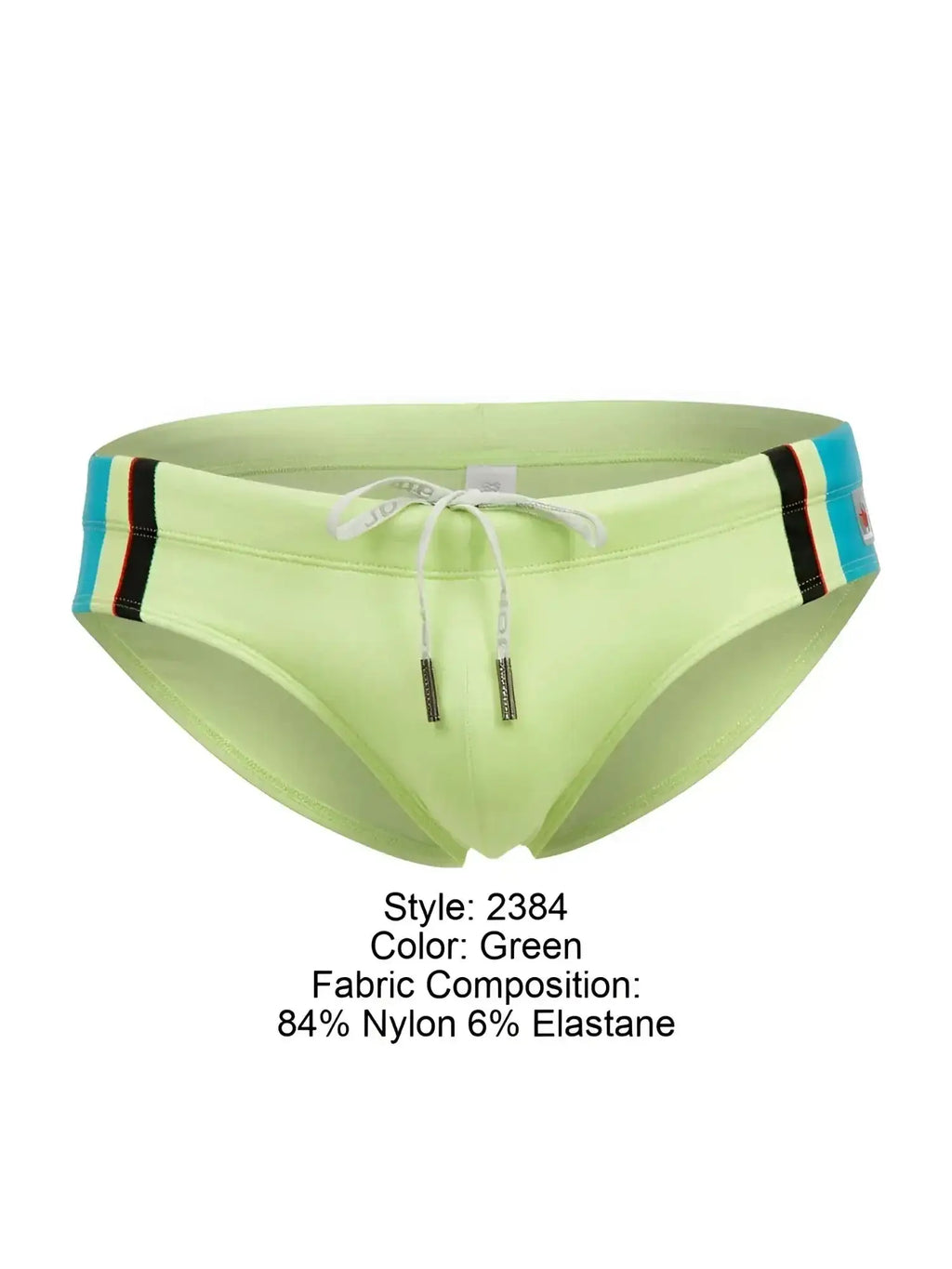 Front view of JOR 2384 Wind swim briefs in green with drawstring and side stripe details.
