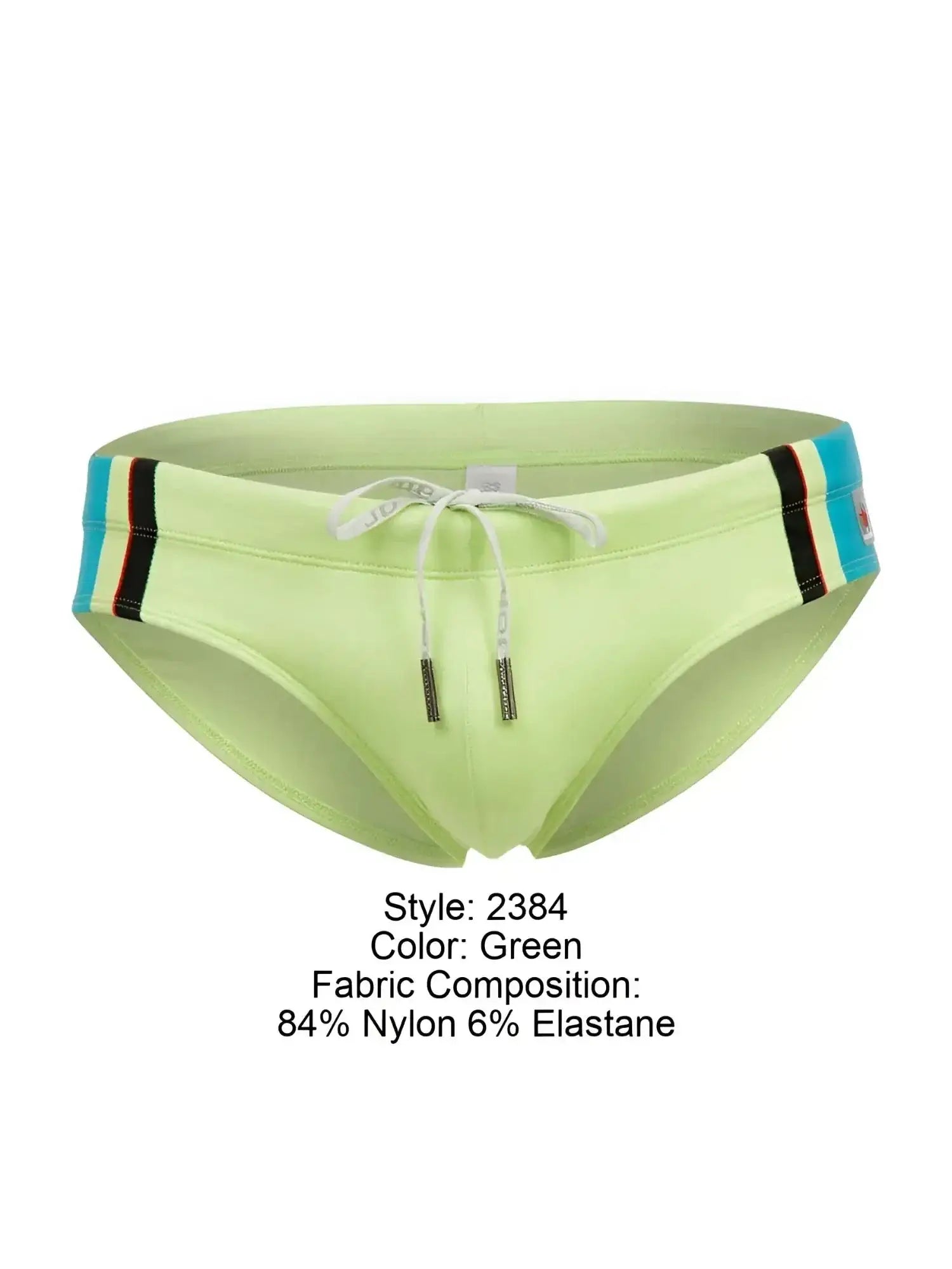 Front view of JOR 2384 Wind swim briefs in green with drawstring and side stripe details.