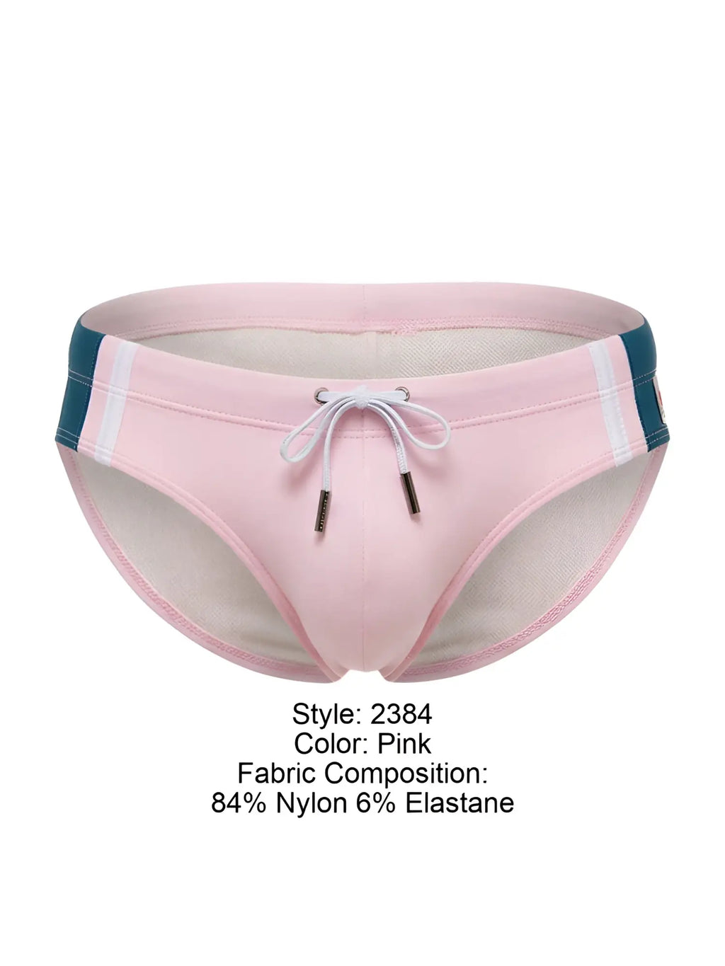 Front view of JOR 2384 Wind swim briefs in pink with a drawstring waist and dark blue side accents.