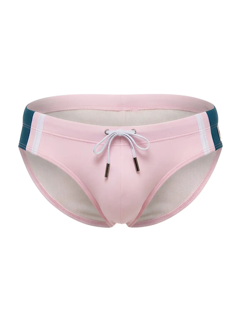 Front view of JOR 2384 Wind Swim Briefs in pink with white drawstrings and teal side accents.