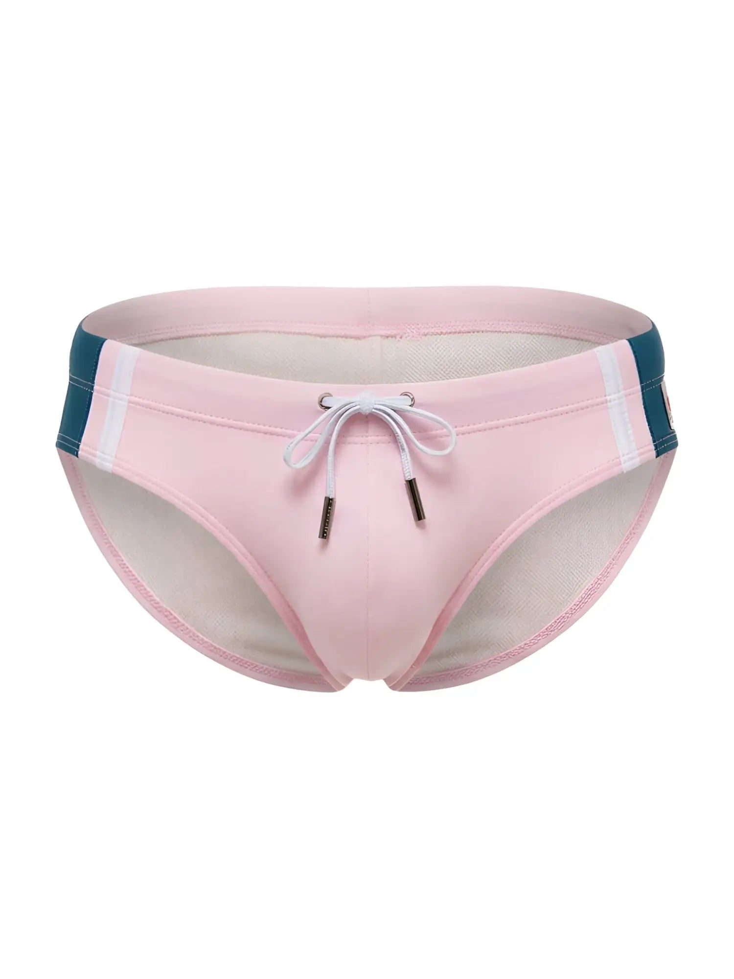 Front view of JOR 2384 Wind Swim Briefs in pink with white drawstrings and teal side accents.