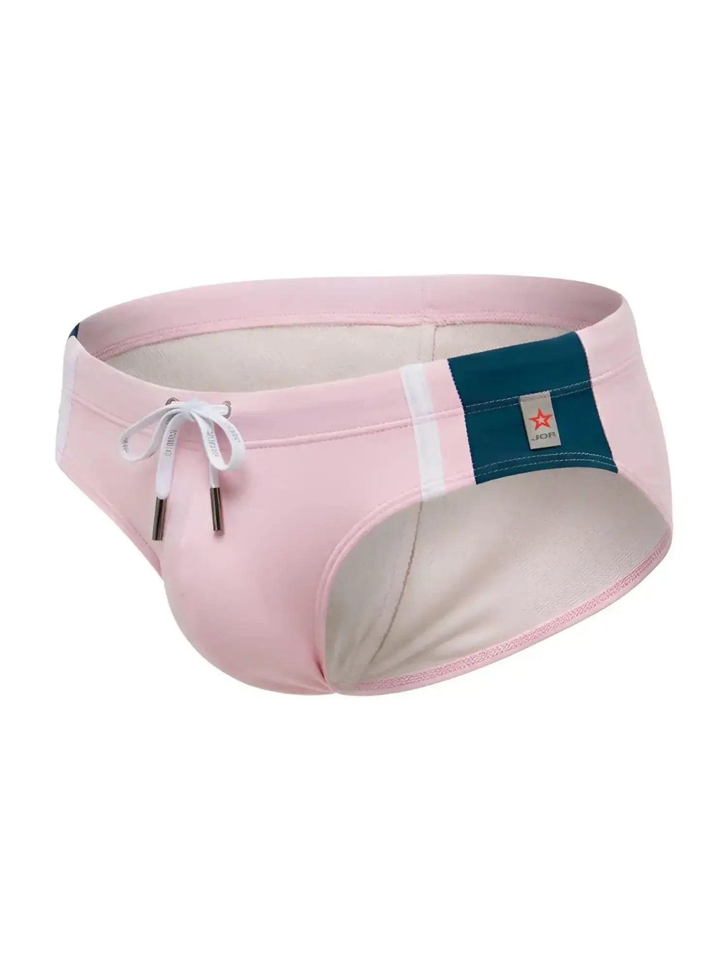 Front view of JOR 2384 Wind swim briefs in pink with a drawstring and teal accent.