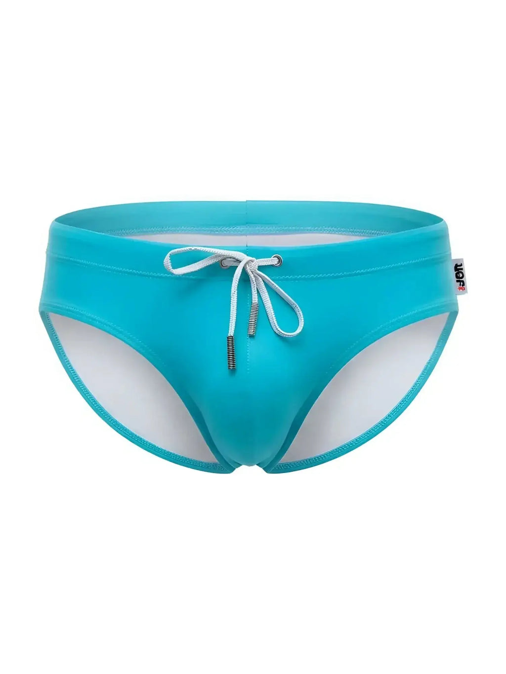 Front view of JOR 2387 Travel swim briefs in turquoise with a white drawstring.
