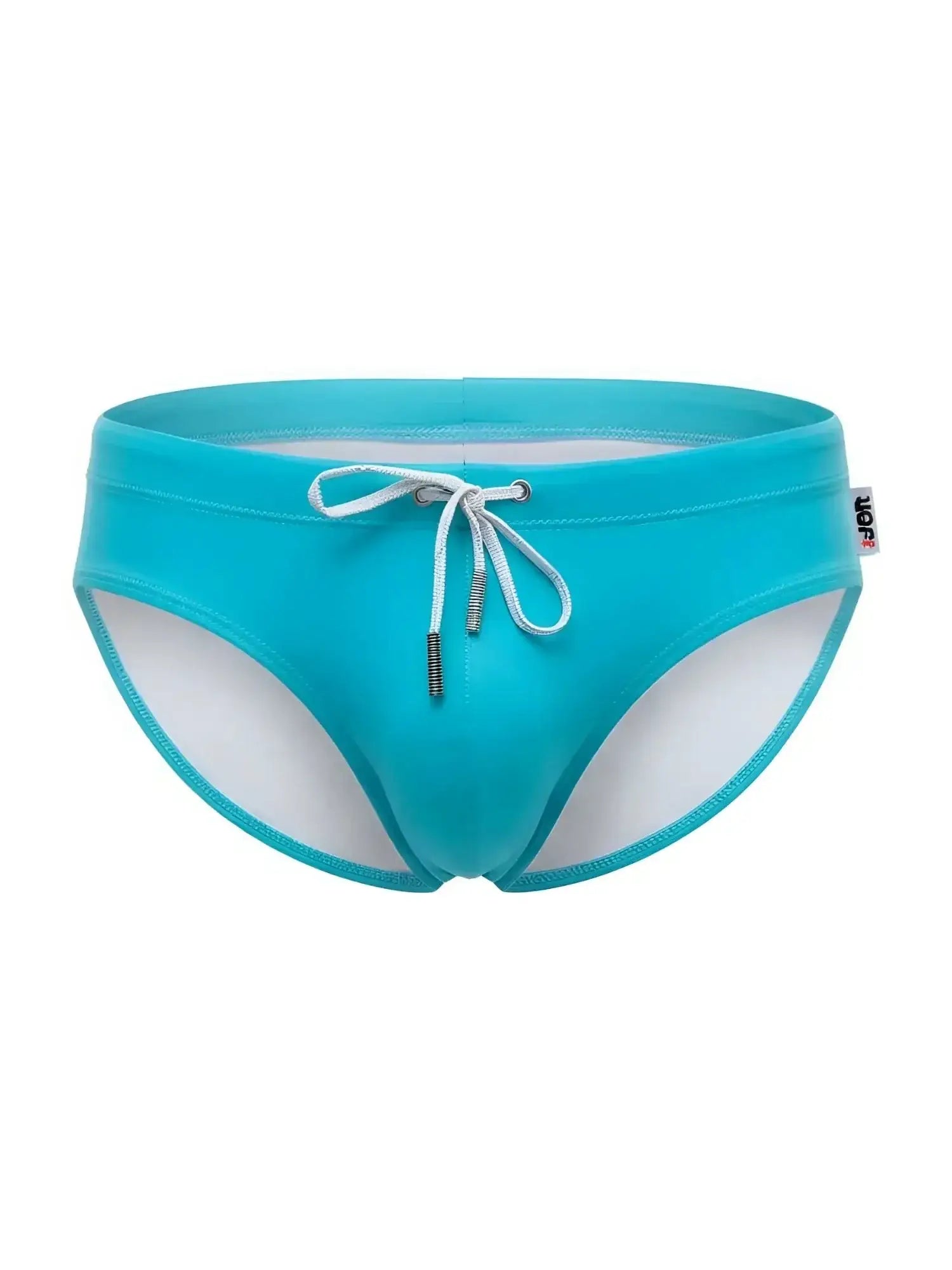 Front view of JOR 2387 Travel swim briefs in turquoise with a white drawstring.