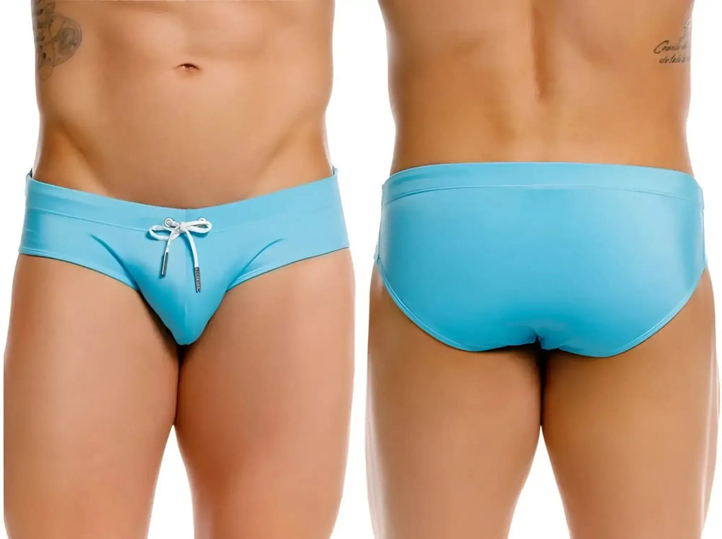 JOR 2387 turquoise travel swim briefs, shown from both front and back views.