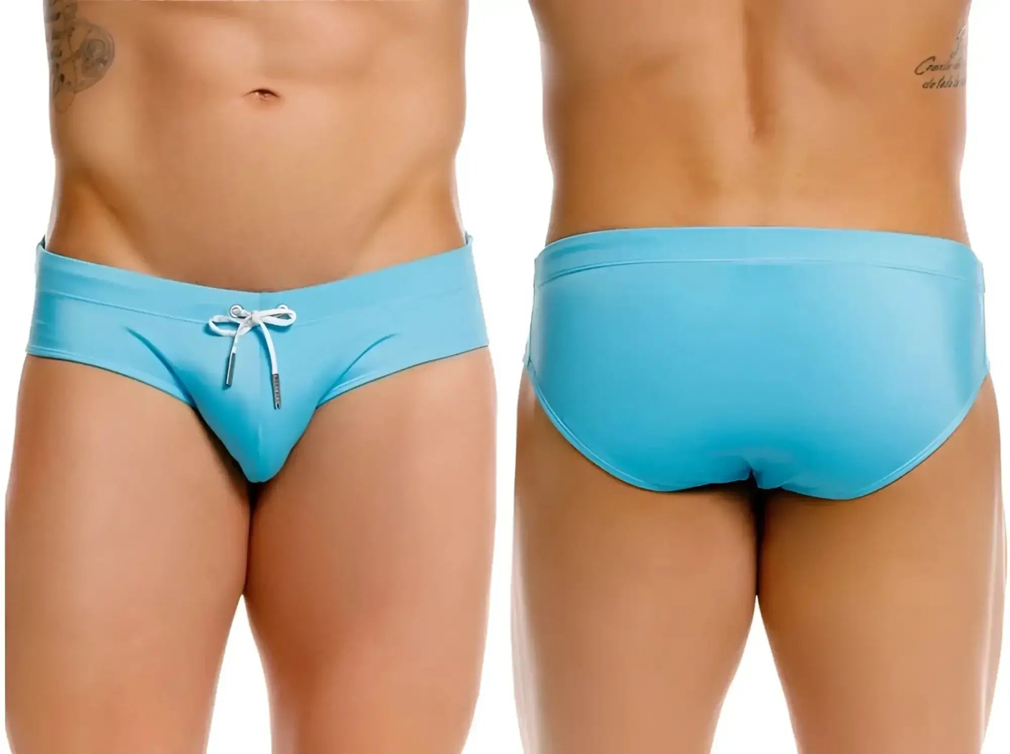 JOR 2387 turquoise travel swim briefs, shown from both front and back views.