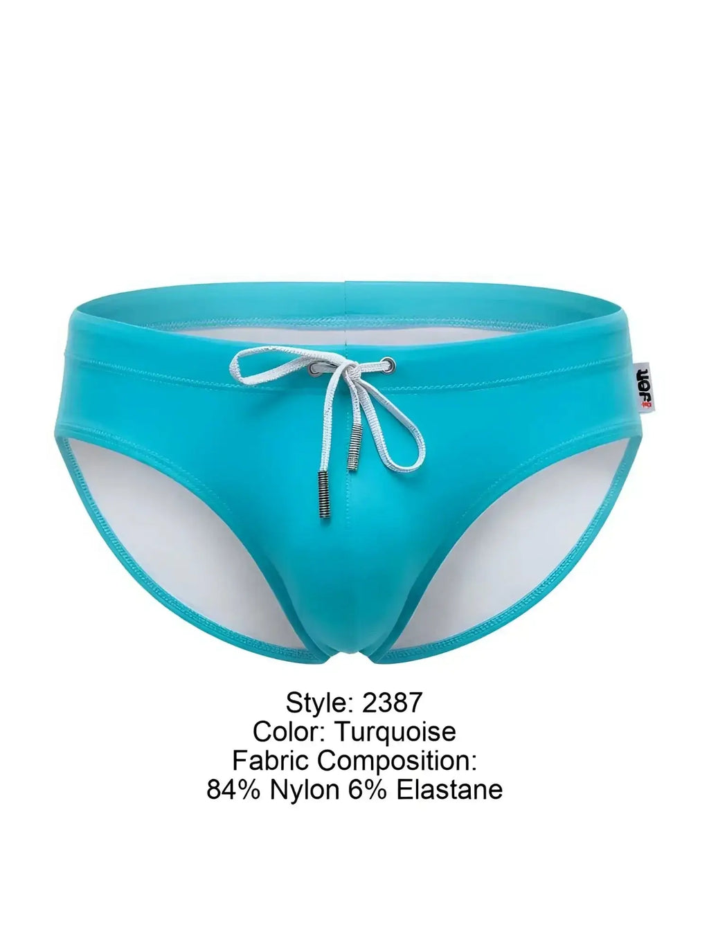 Front view of JOR 2387 Travel swim briefs in turquoise with a white drawstring.