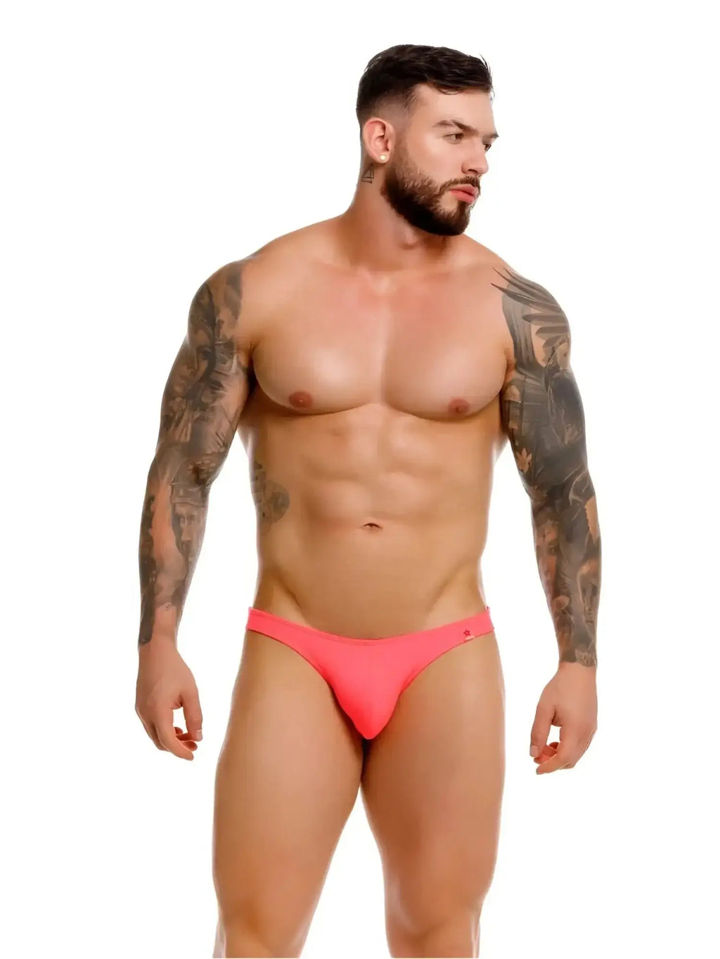 JOR 2389 Travel Swim Thongs in Candy. Front view of a model wearing neon pink swimwear.