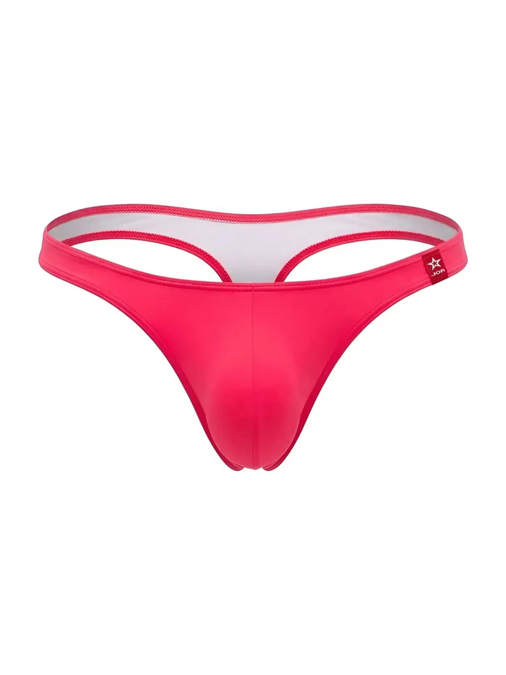 Hot pink JOR thong underwear in smooth, stretch fabric with a white inner waistband and branded side tab.