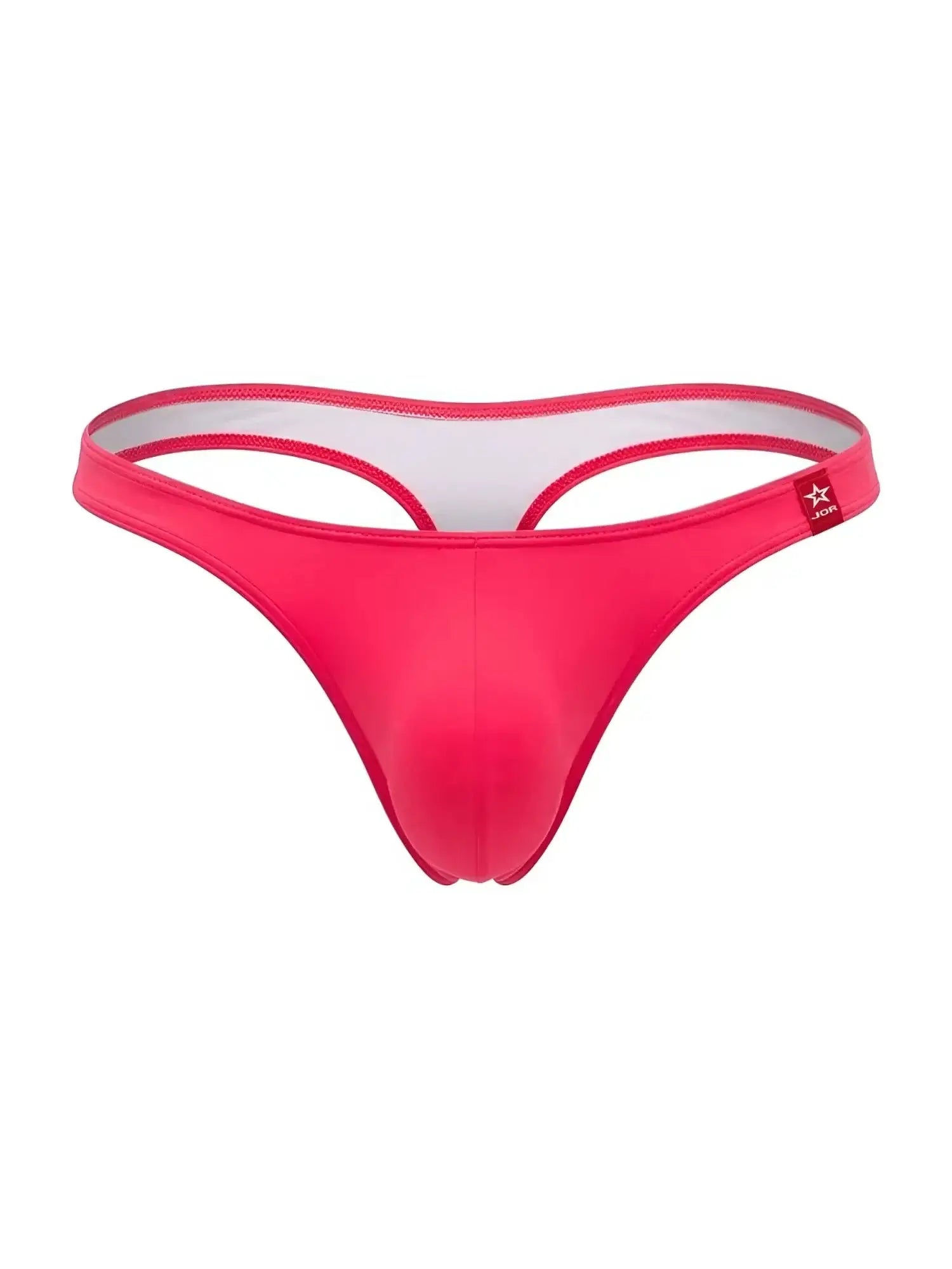 Hot pink JOR thong underwear in smooth, stretch fabric with a white inner waistband and branded side tab.