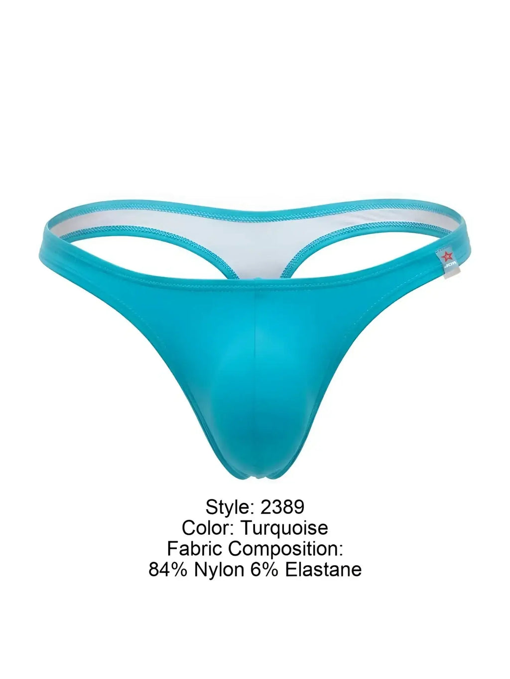 Turquoise men's thong in 84% nylon and 6% elastane, featuring a minimal style and small logo tag.