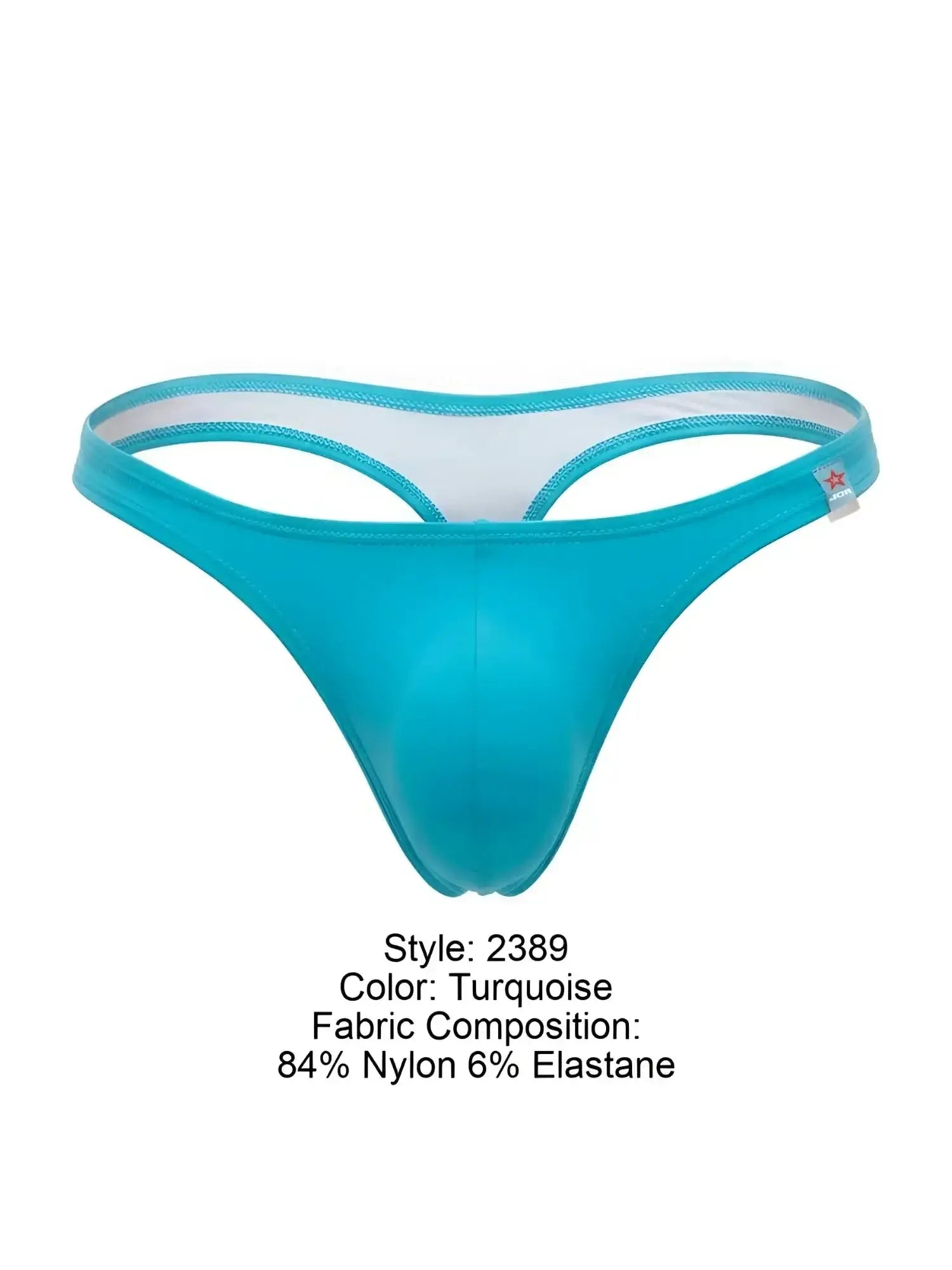Turquoise men's thong in 84% nylon and 6% elastane, featuring a minimal style and small logo tag.