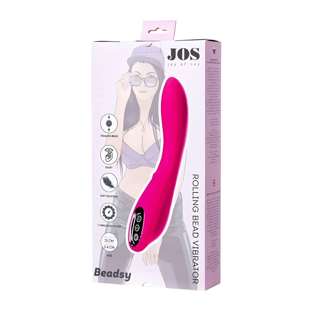 Pink silicone jos jos beadsy rolling bead vibrator with sleek curved design and black control buttons