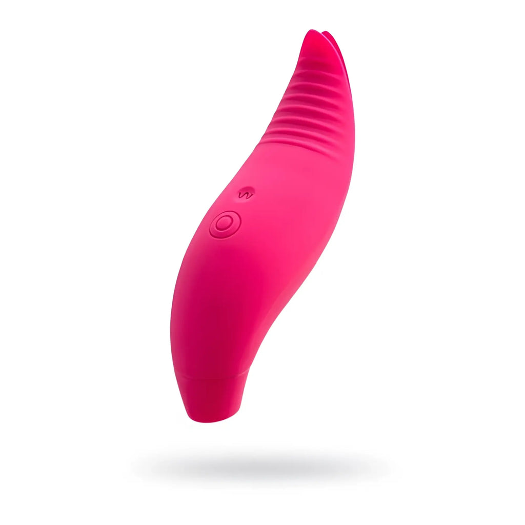 Vibrant pink silicone jos jos blossy clit stimulator with curved tapered design and textured ridges on upper section