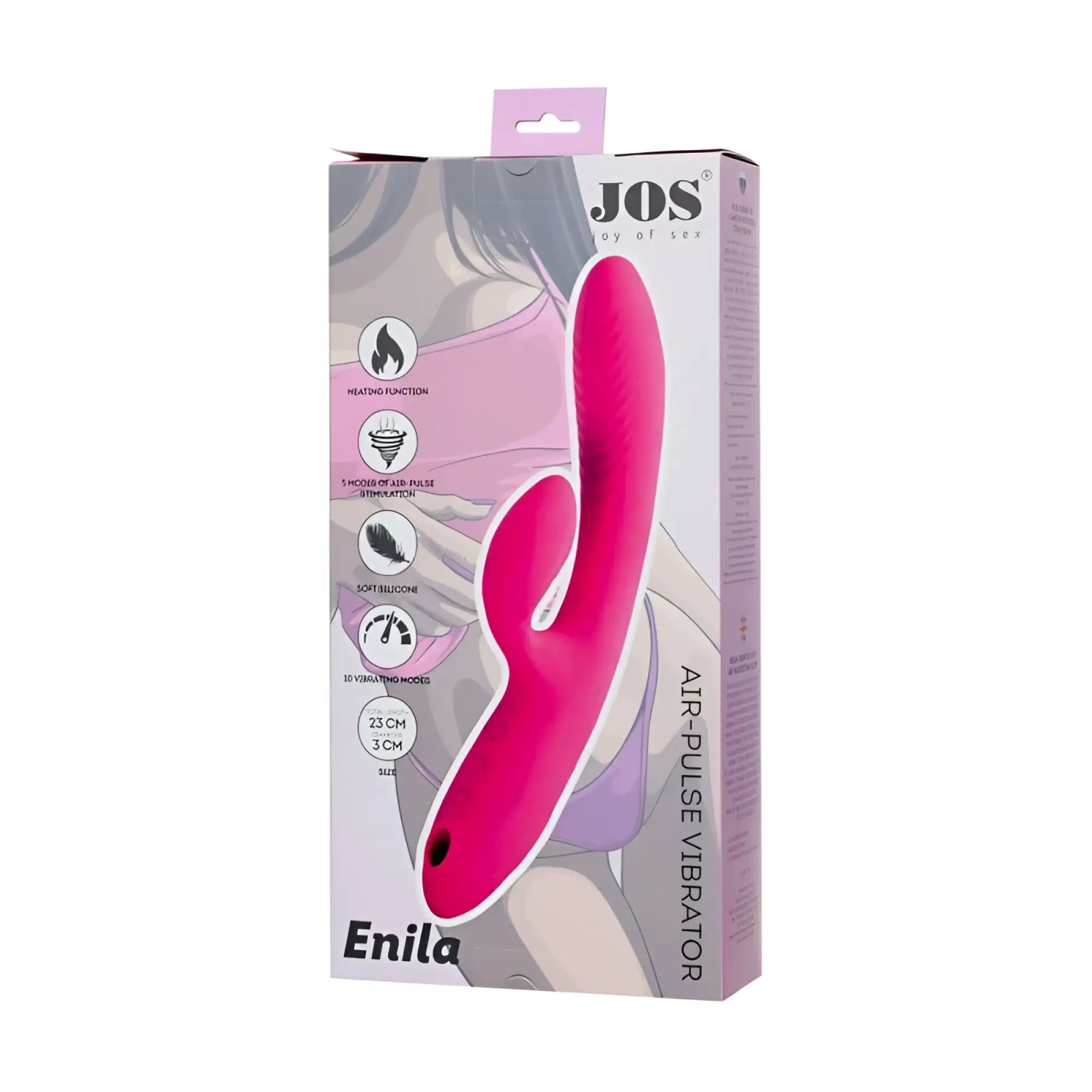 Pink silicone air-pulse vibrator jos jos enila dual ended stimulator with curved ergonomic design and black base button