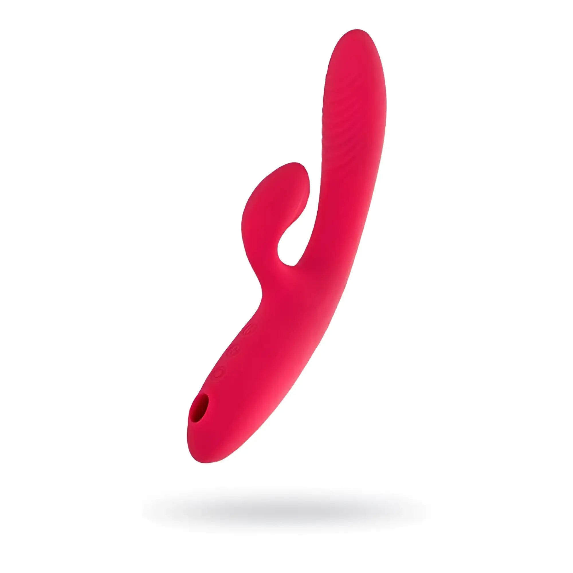 A vibrant red silicone rabbit-shaped vibrator with a smooth finish and ergonomic design from jos jos enila dual ended stimulator
