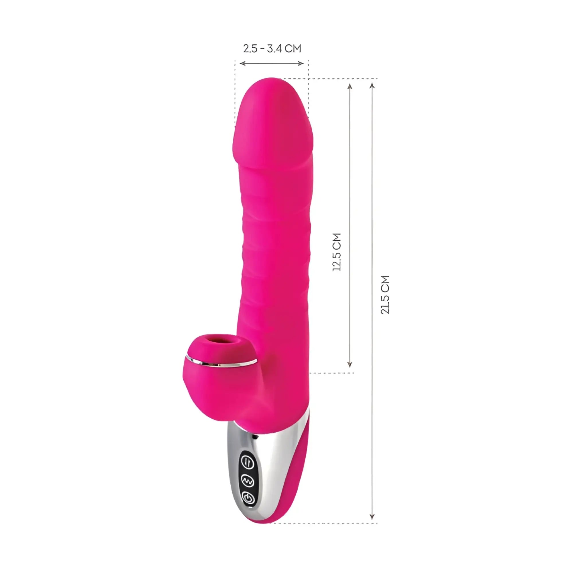 Pink silicone jos jos to-frolly thrusting and sucking vibrator with silver base and control buttons