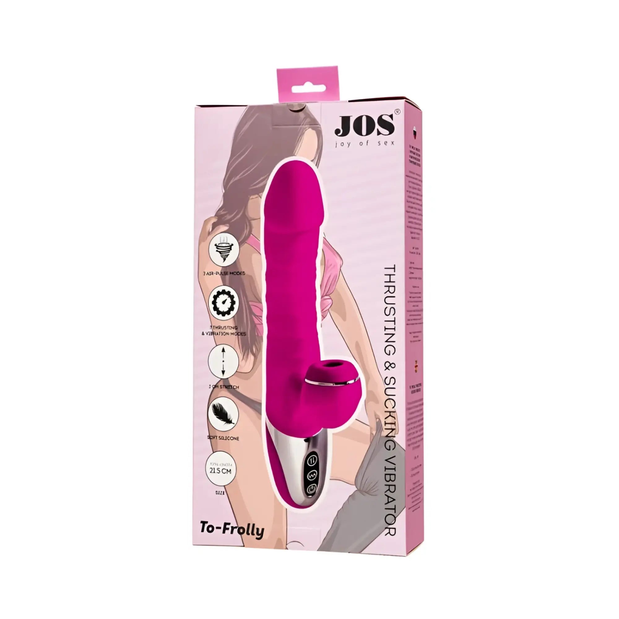 Jos jos to-frolly thrusting and sucking vibrator with vibrant pink silicone body and silver metallic base with three buttons