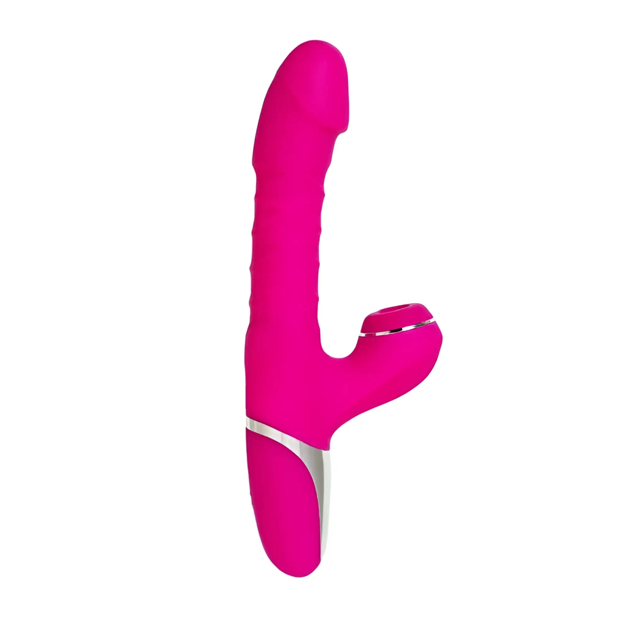 Vibrant pink silicone jos jos to-frolly rabbit-shaped vibrator with silver accent band for thrusting and sucking
