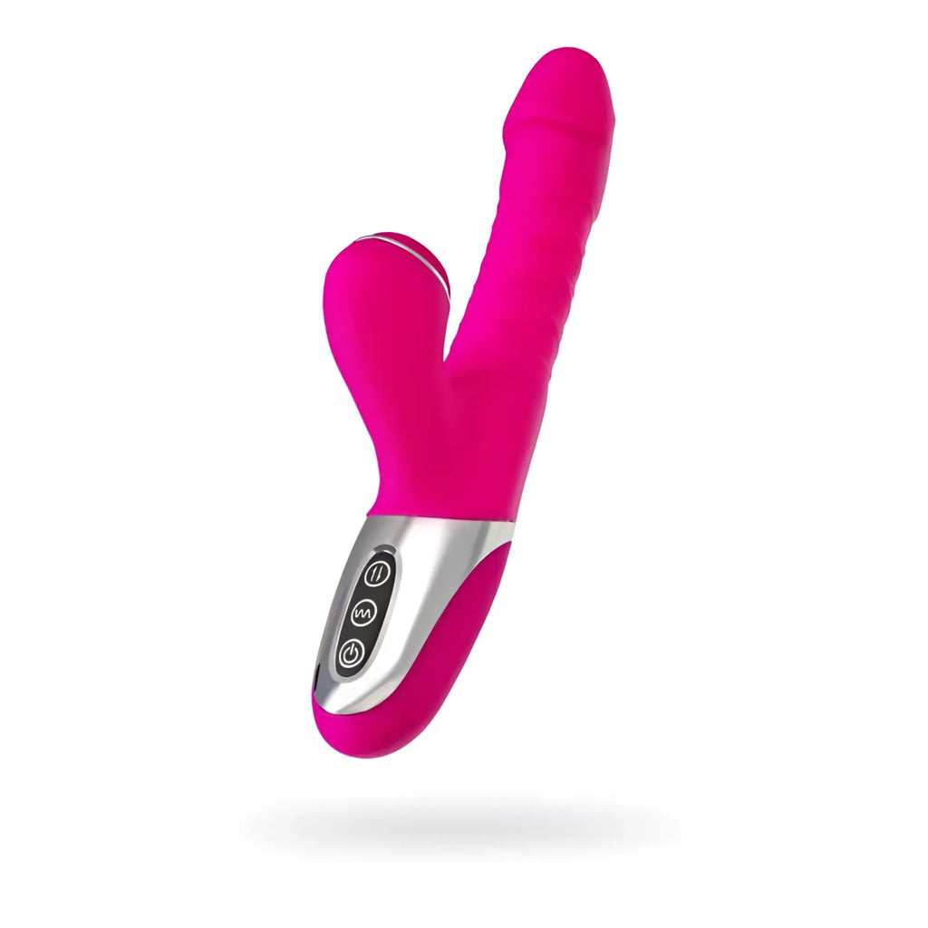 Vibrant pink silicone jos jos to-frolly rabbit vibrator with thrusting and sucking feature and silver control panel