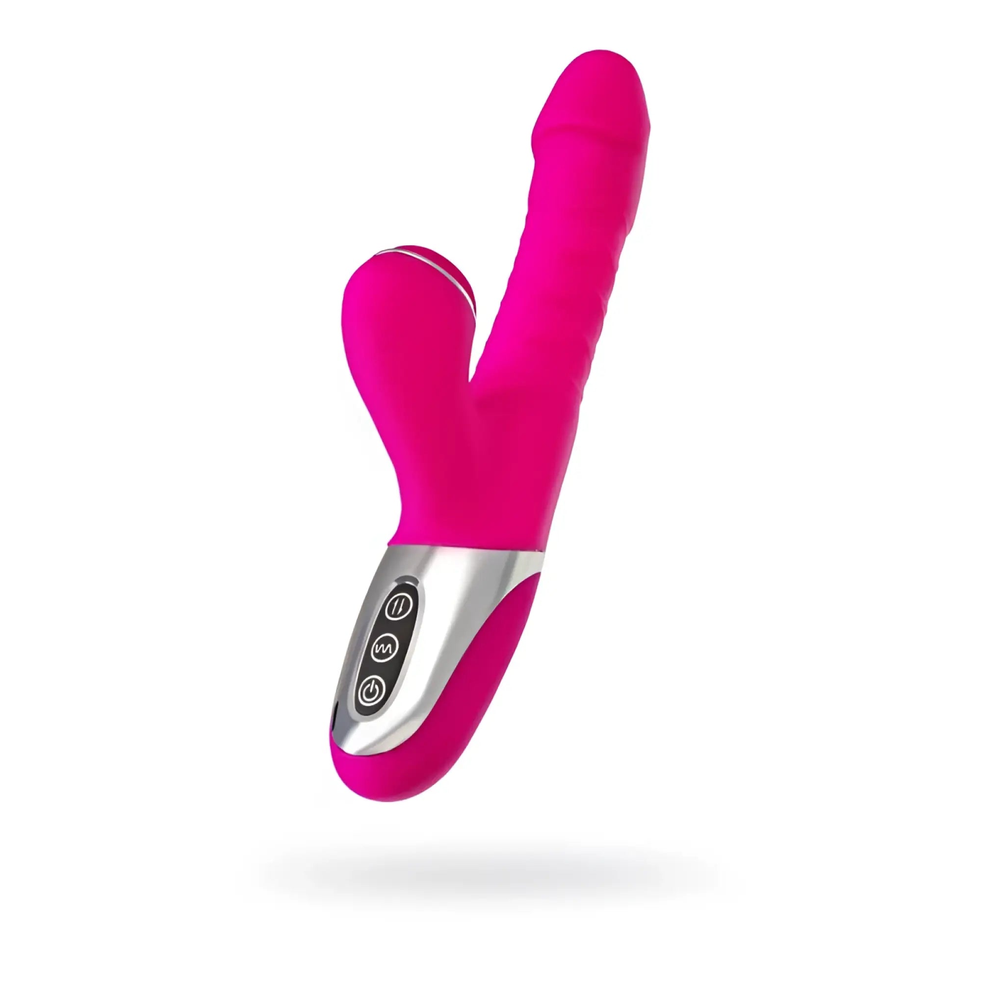 Vibrant pink silicone jos jos to-frolly rabbit vibrator with thrusting and sucking feature and silver control panel