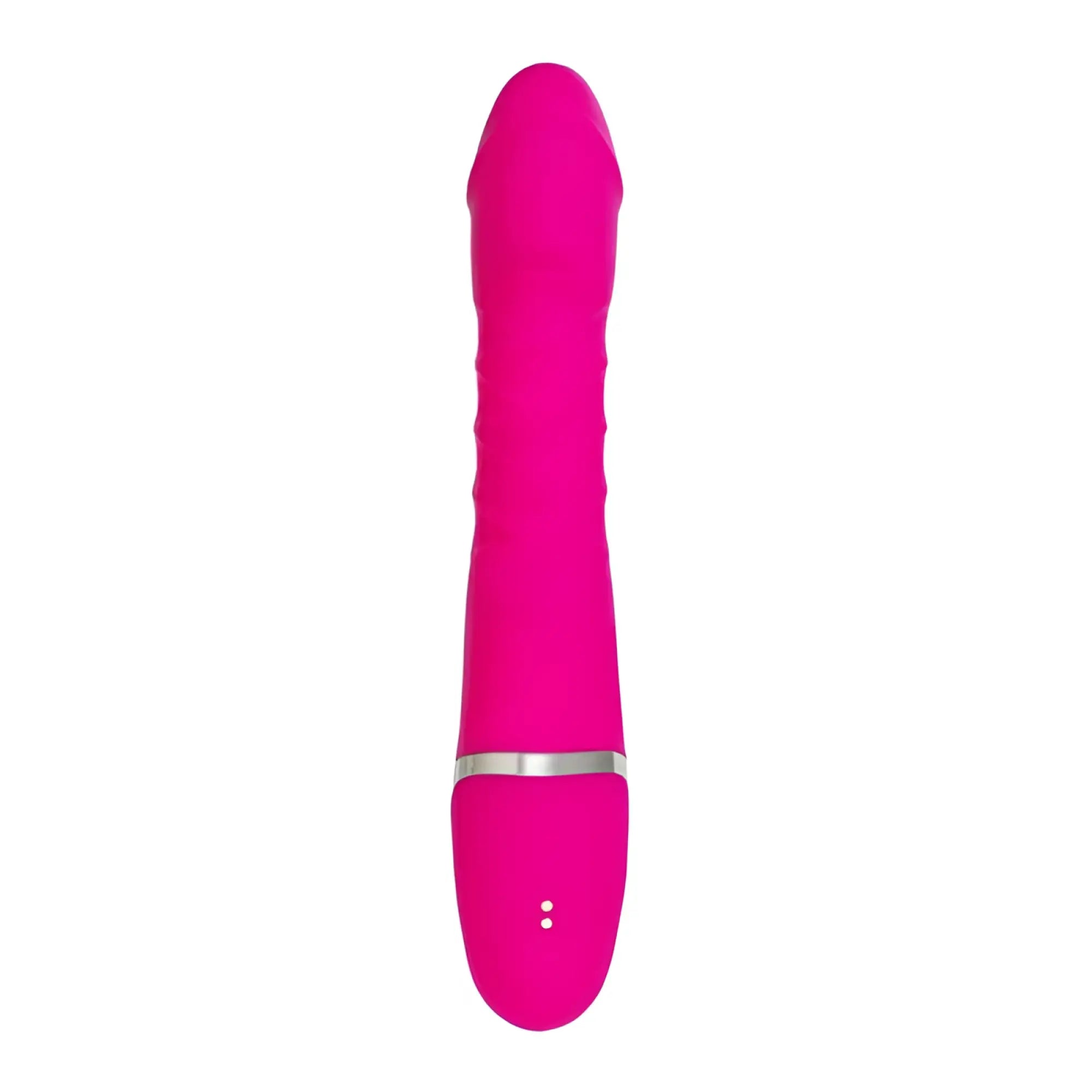 Vibrant pink silicone Jos Jos To-Frolly thrusting and sucking vibrator with silver band and two circular base buttons