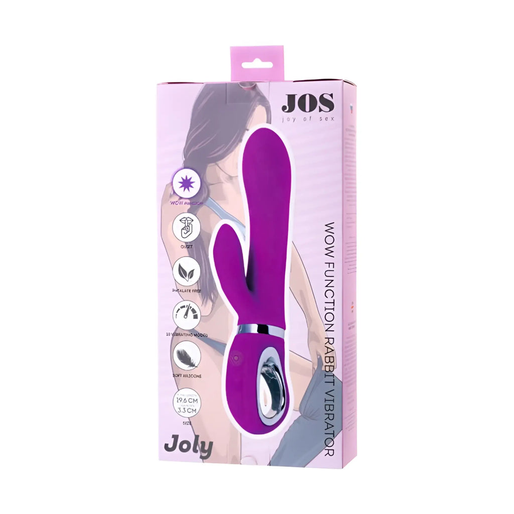 Purple jos wow function rabbit vibrator with silver accent band and control panel for clit stimulation
