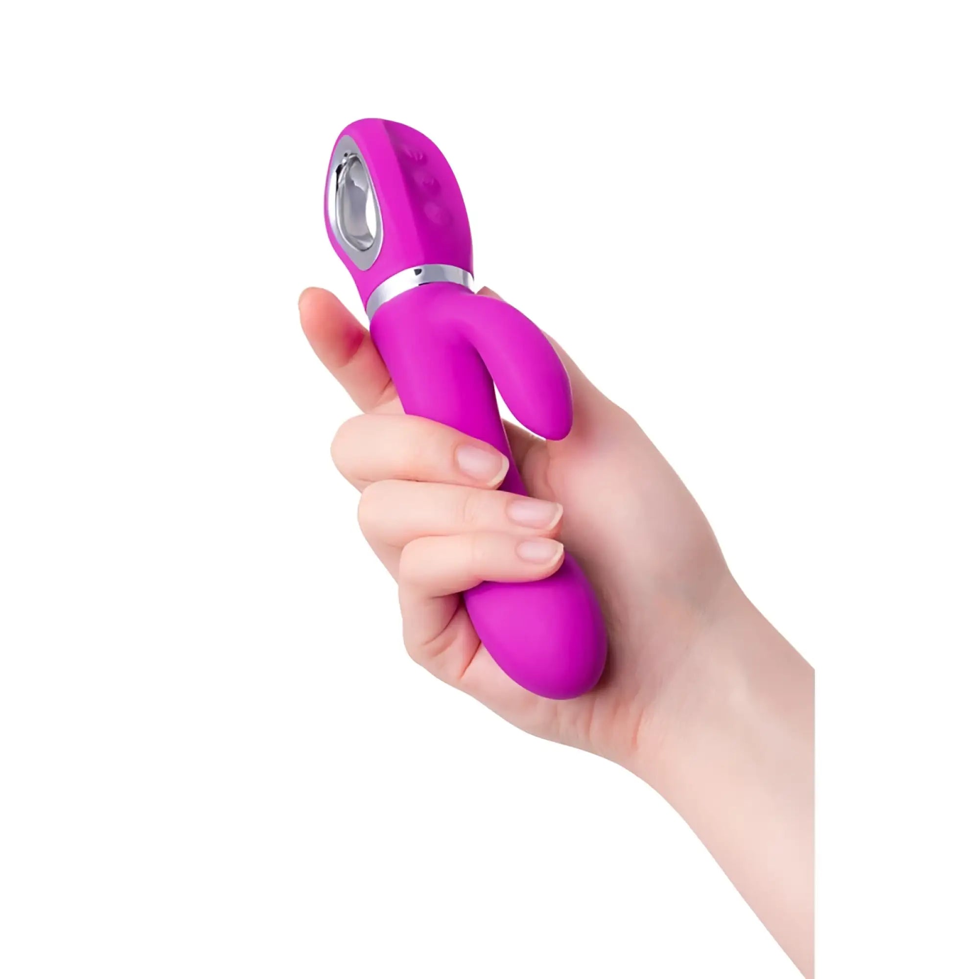 Jos jos joly clit stimulating vibrator with vibrant magenta silicone body and silver metallic accents