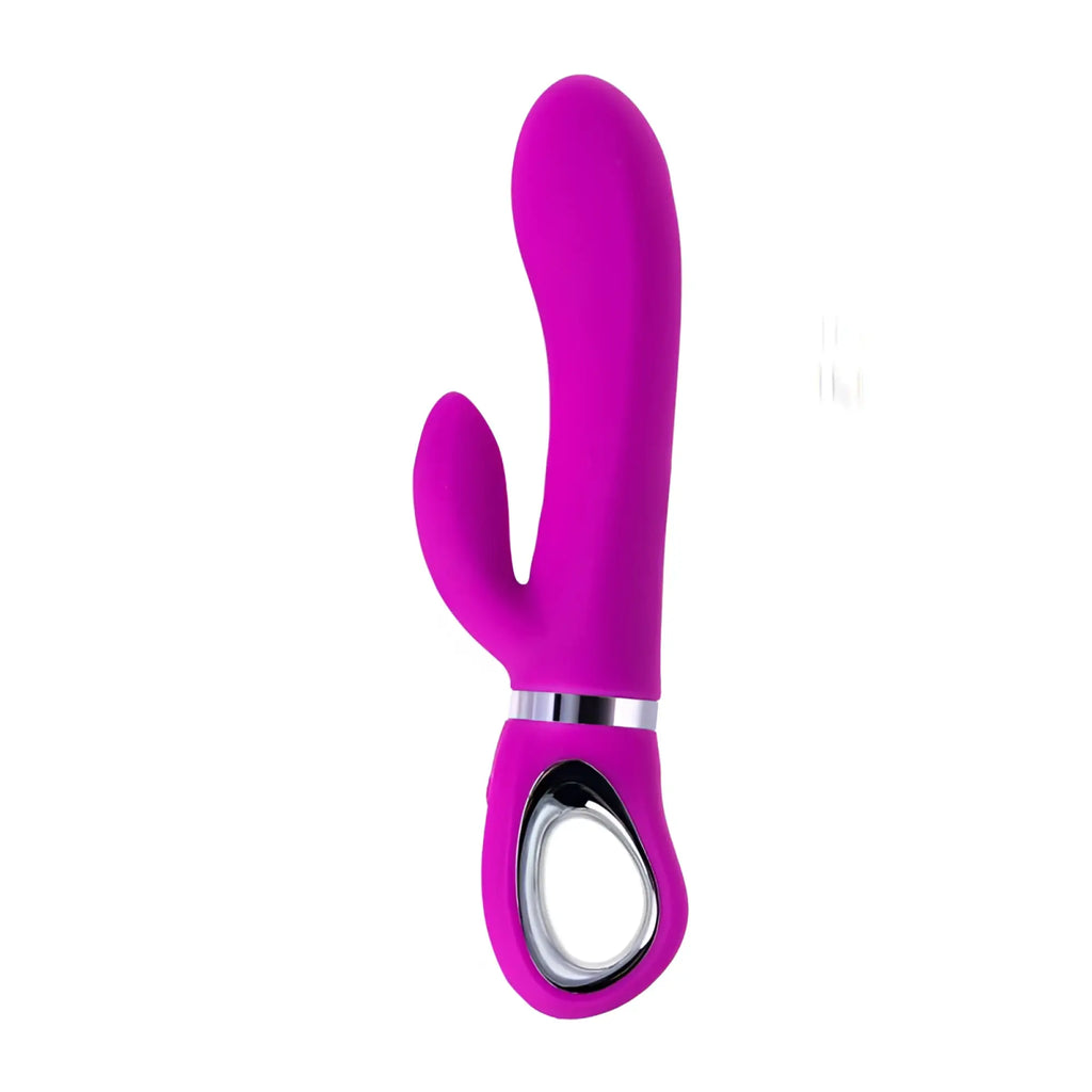 Vibrant magenta silicone jos jos joly clit stimulating rabbit vibrator with silver metallic accent ring and handle grip