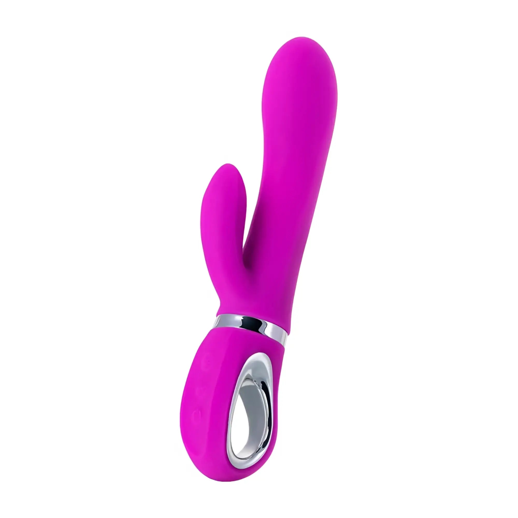 Vibrant magenta silicone jos jos joly rabbit-shaped clit stimulating vibrator with silver metallic accent ring and button