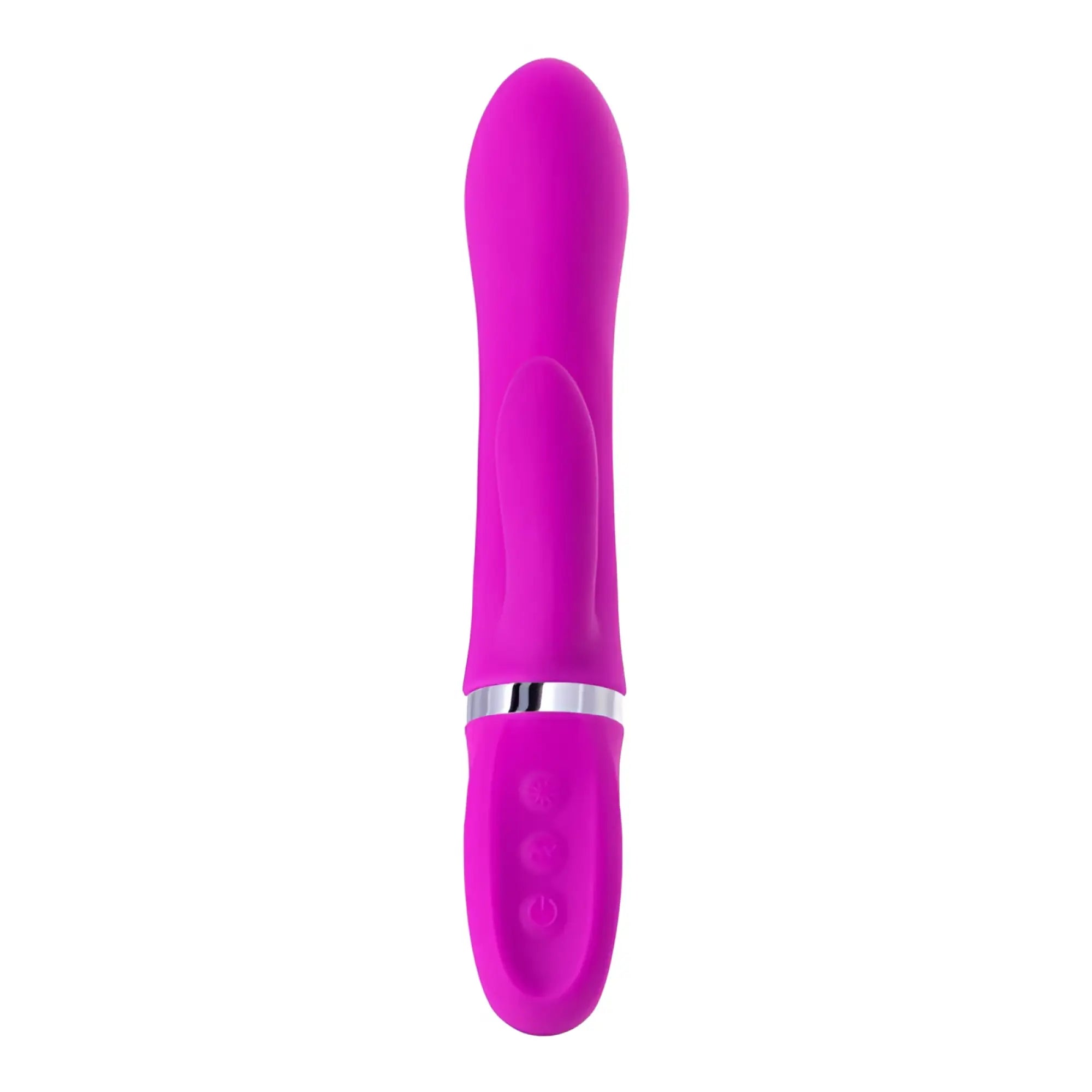 Vibrant pink silicone jos jos joly clit stimulating vibrator with silver band and three control buttons at the base