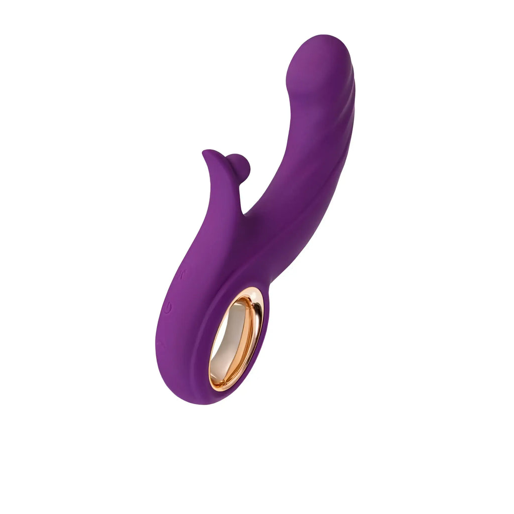 Purple silicone jos jos julli roller vibrator with gold-colored ring at base designed for personal pleasure