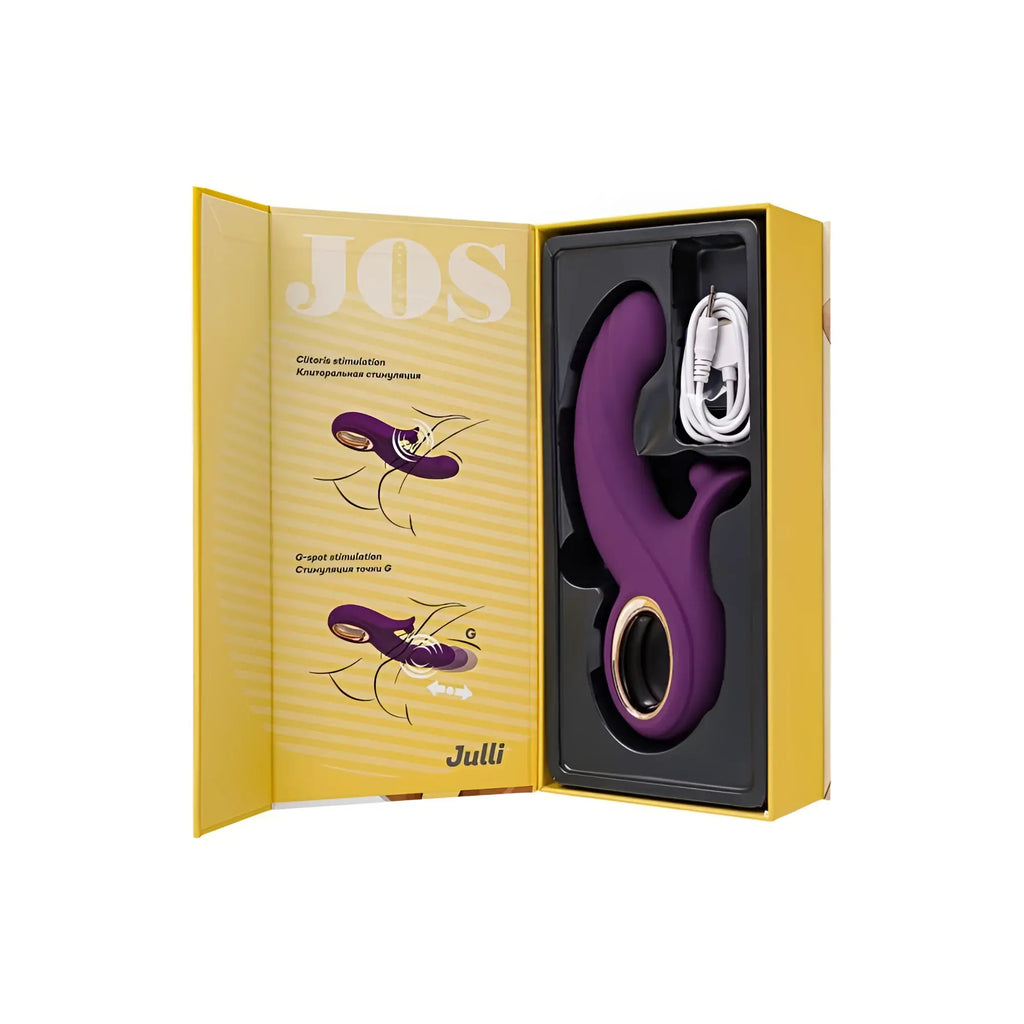 Purple Jos by Julli roller vibrator with gold-toned ring and included charging cable for personal use