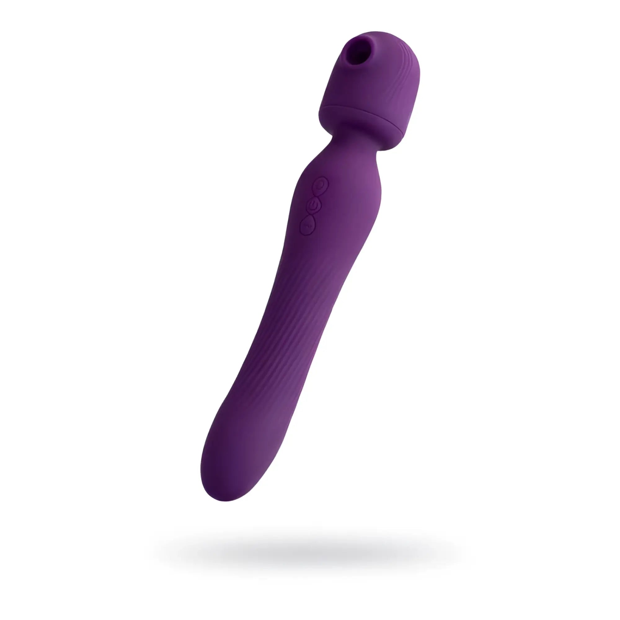 Purple silicone wand stimulator with rounded head and three control buttons on handle for jos jos kisom 2 in 1 use
