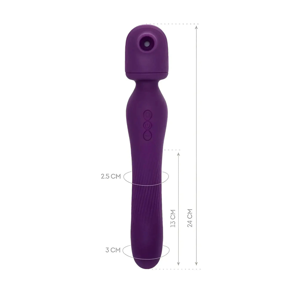 Purple silicone-wrapped wand-style vibrator with three circular control buttons on the handle.