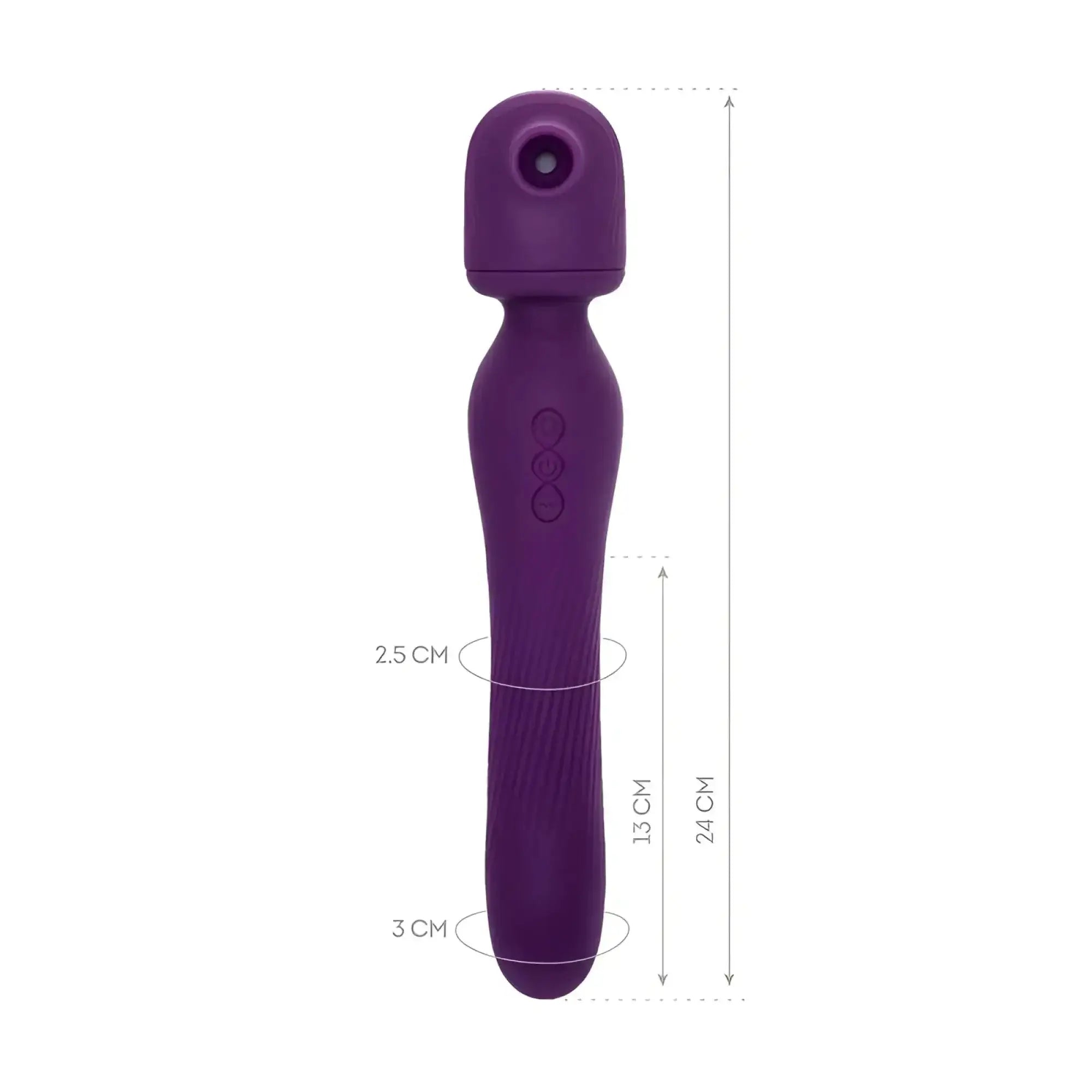Purple silicone-wrapped wand-style vibrator with three circular control buttons on the handle.