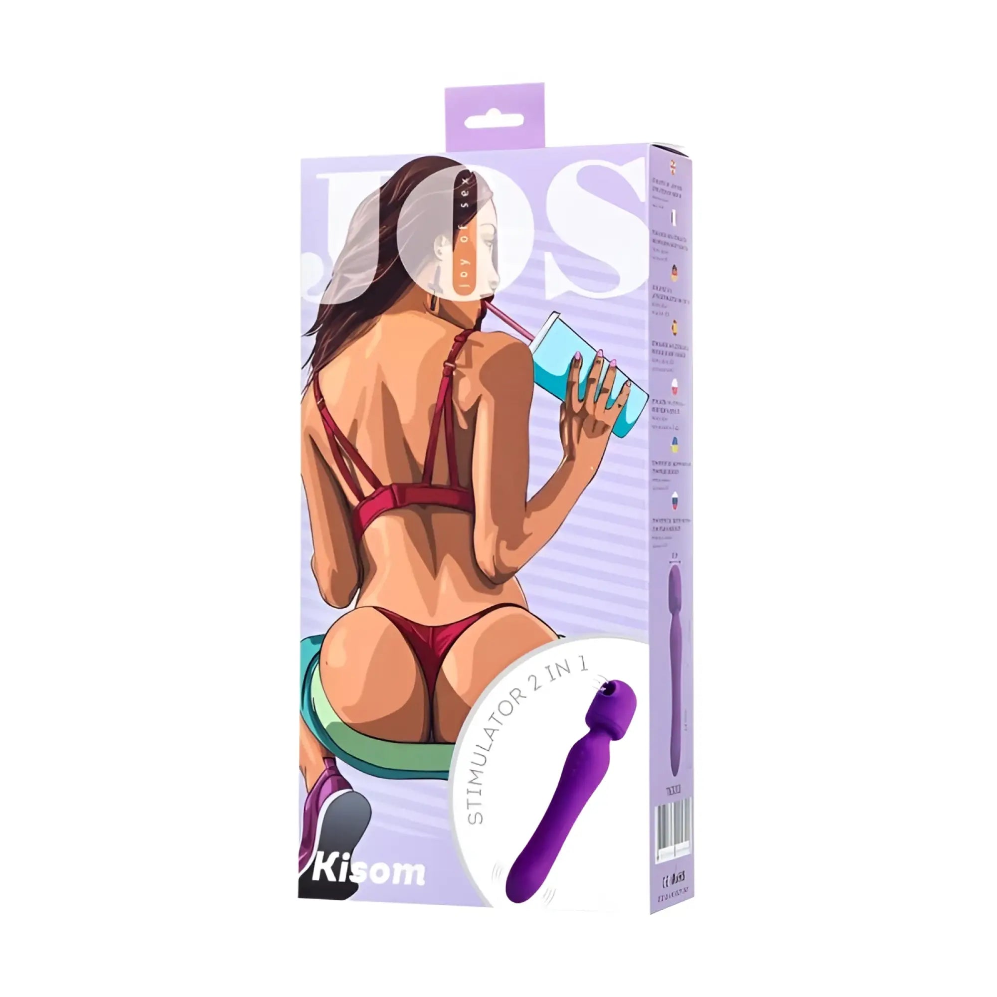 Purple jos jos kisom 2 in 1 wand stimulator vibrator in retail packaging showing its sleek design and dual function
