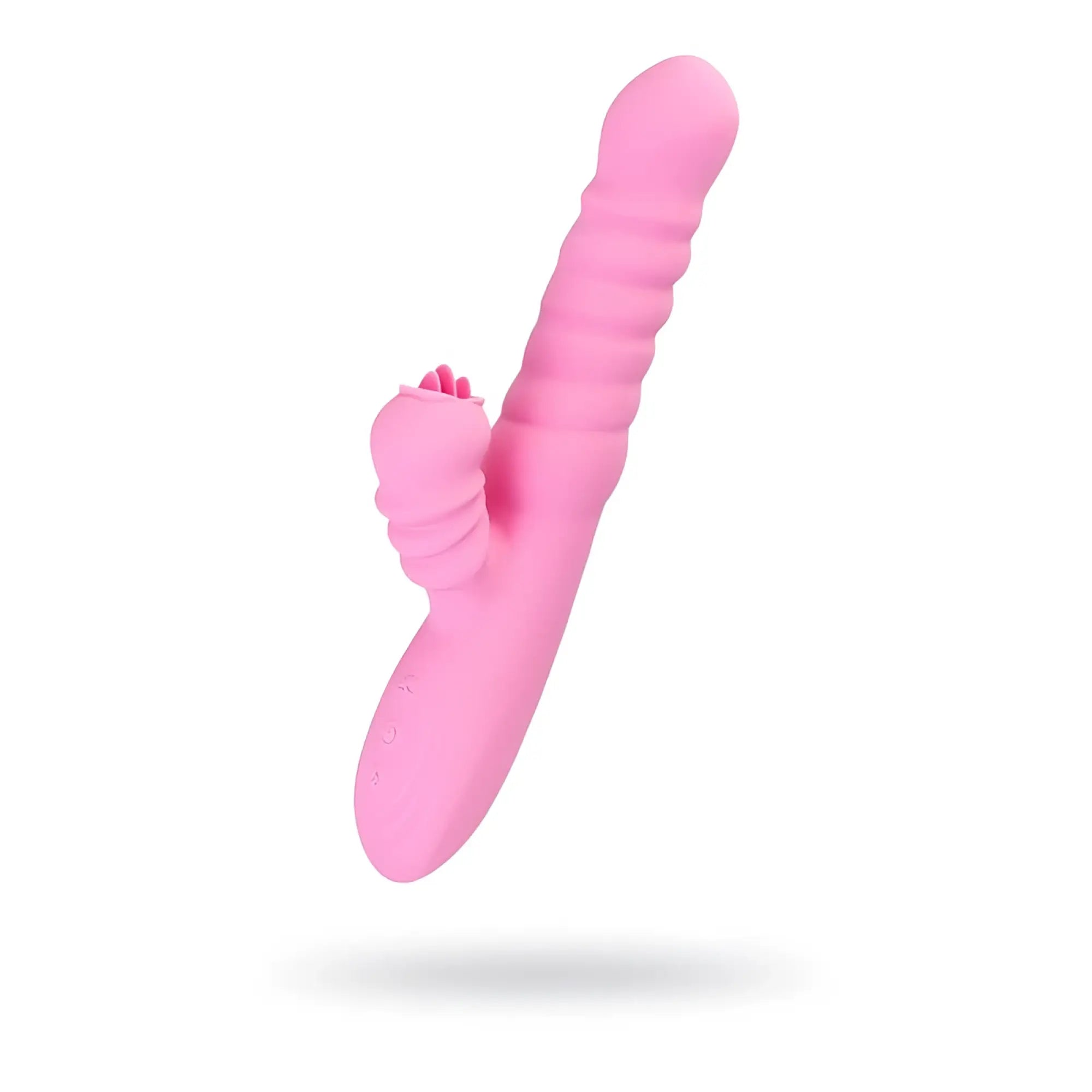 Pink silicone dual-headed vibrator with textured ridges and ergonomic design from jos jos lixy heating and rotating petal tickler