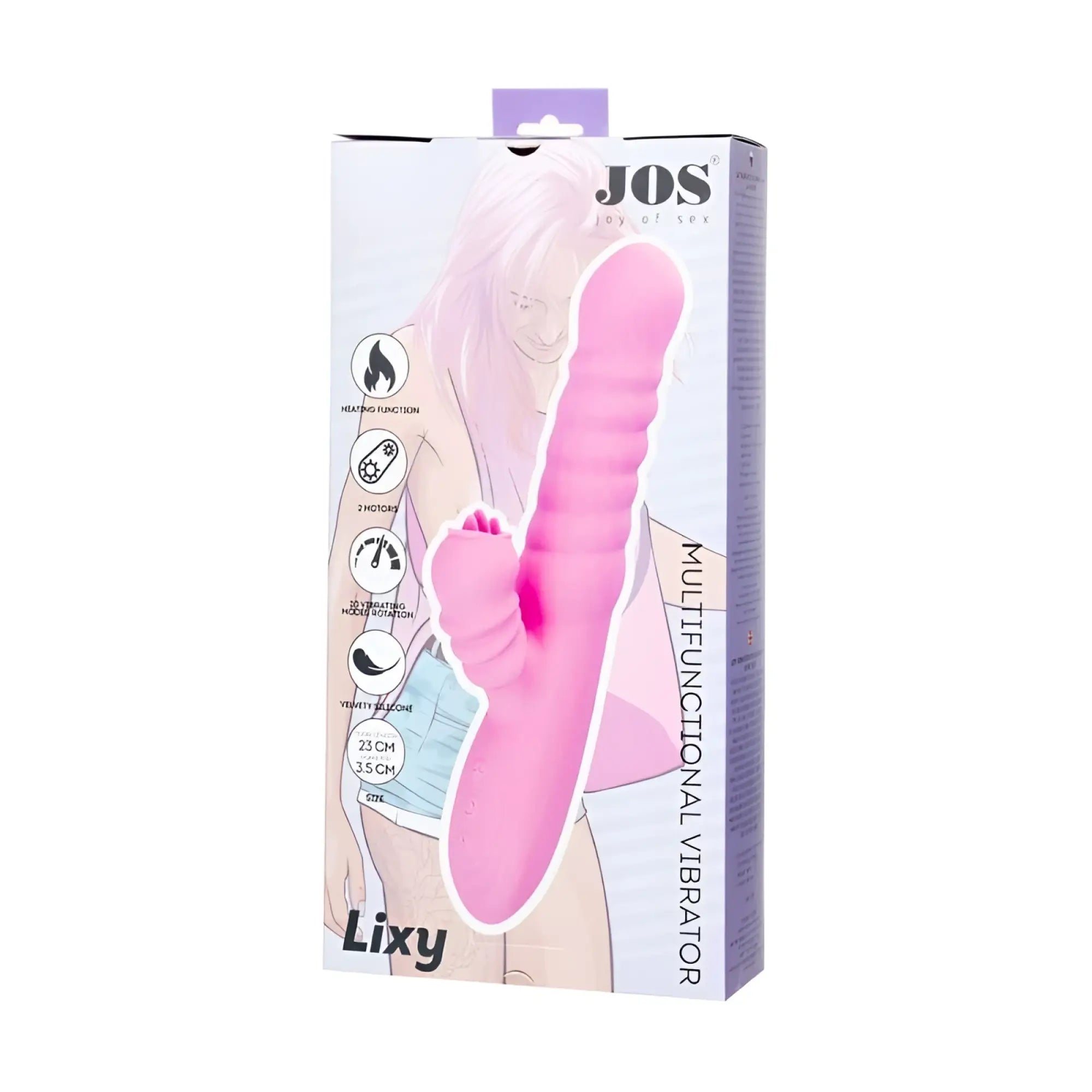 Pink silicone multifunctional vibrator with textured ridges and curved design by jos branded lixy heating and rotating petal tickler