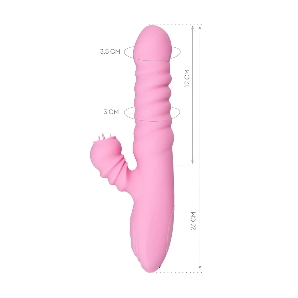 Pink silicone jos jos lixy heating and rotating petal tickler with textured ribbed shaft and curved base appendage
