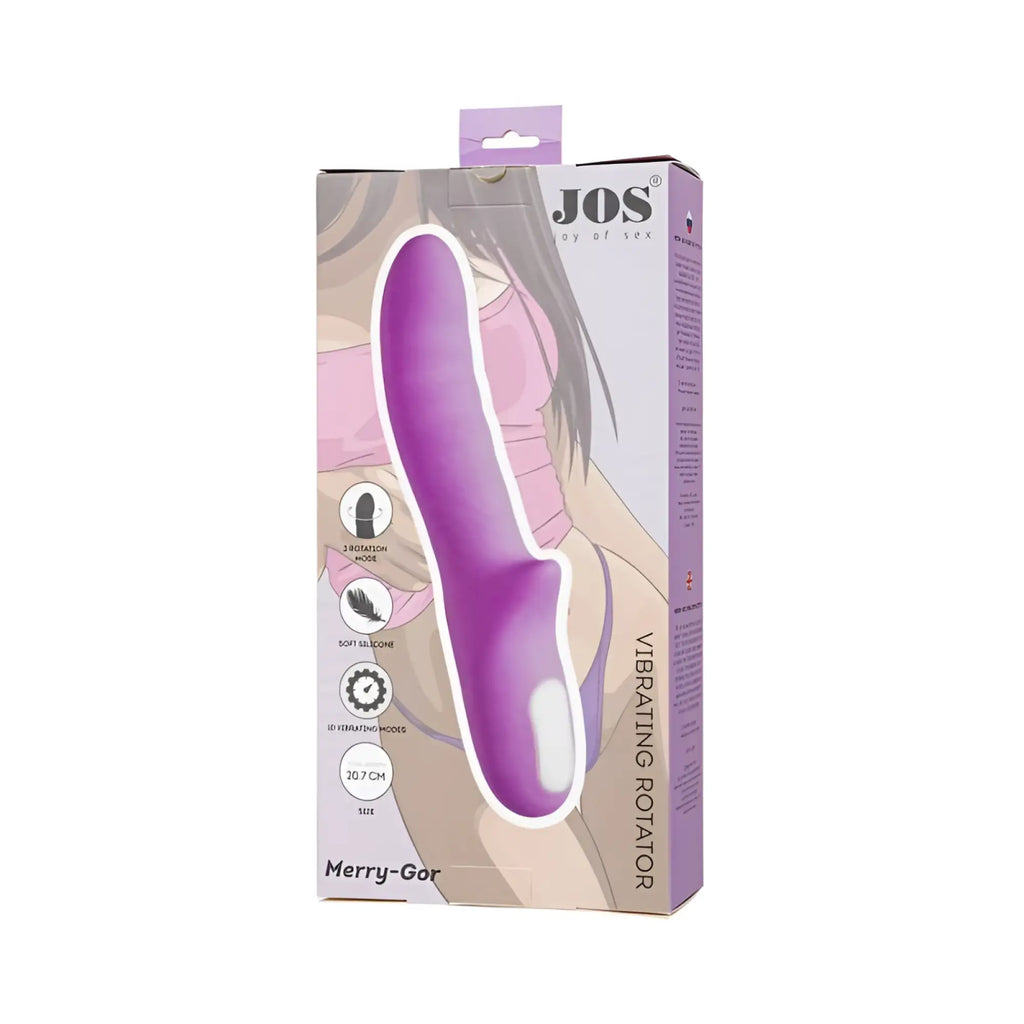 Purple silicone rotating shaft vibrator with white textured grip by jos branded merry gor in violet color