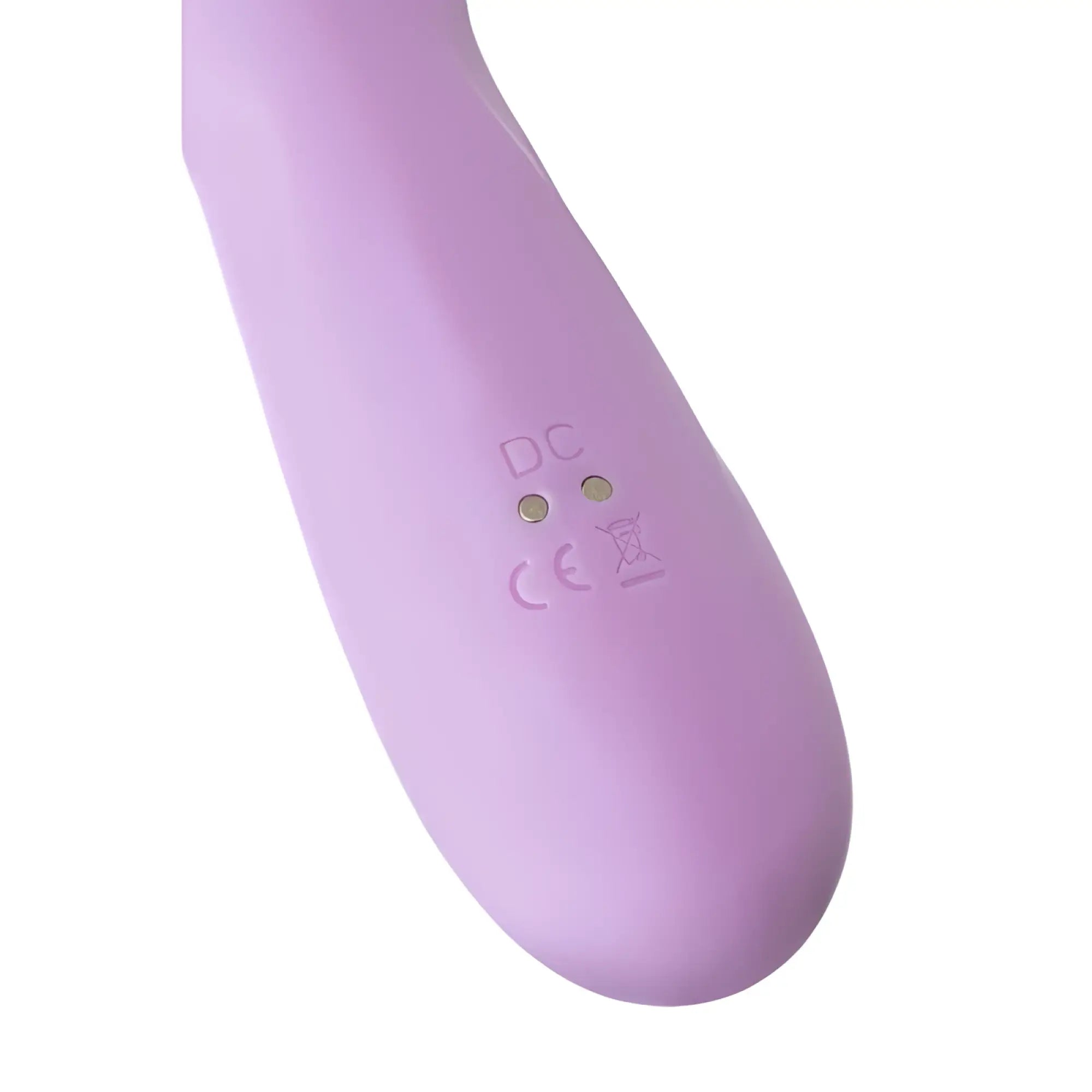 A smooth lavender silicone jos jos merry gor rotating shaft vibrator with rounded handle and embossed certification marks