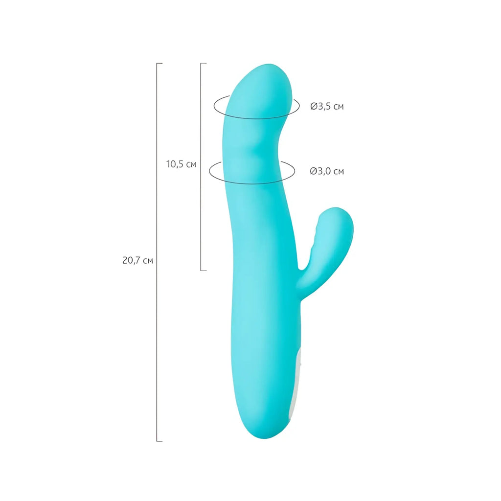 A sleek turquoise silicone jos jos merry swirl rotating shaft rabbit vibrator with a smooth curved design and smaller protrusion